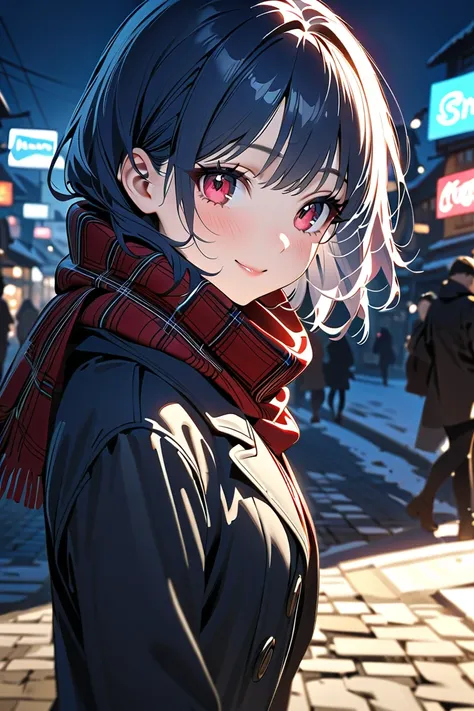 1 girl, masterpiece,  high resolution, accurate,  high detail,  top quality, Anatomically correct, detailed hand, detailed fingers, ,
, break, 
AA modest high school girl with short blue hair and gentle red eyes stands on a snowy street in a quiet town dur...