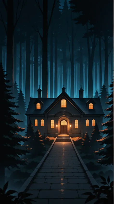 masterpiece, best quality, amazing quality, very aesthetic, high resolution, ultra-detailed, absurdres, newest, scenery, a creepy dense forest, spooky atmosphere, night time, a big mansion with grey wall, red roof, dim lights window, medieval architecture,...