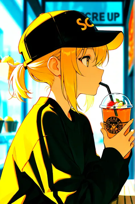 1girl, solo, vivid,
short hair, cup, profile, food, ponytail, drinking, sidelocks, holding, fruit, from side, disposable cup, drinking straw, upper body, looking to the side, baseball cap, holding cup, blonde hair,, masterpiece, best quality, high score, g...