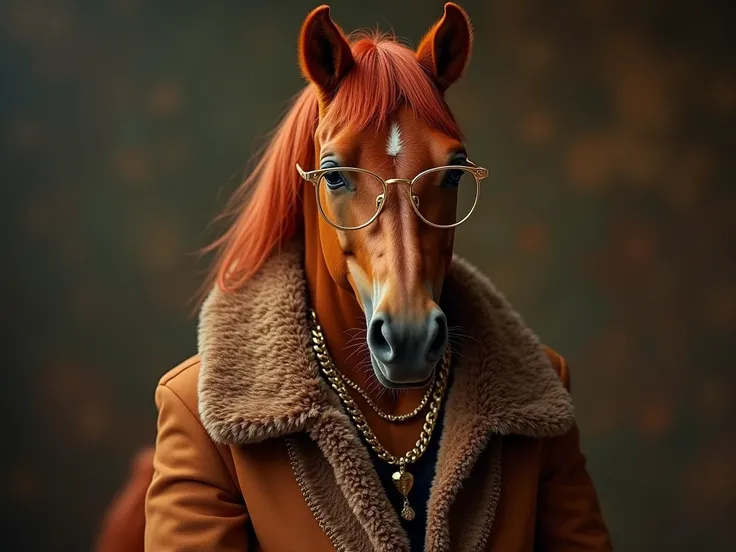 Professional photography. The composition is based on an anthropomorphic realistic red horse in full growth, in an expensive leather coat with a luxurious fur collar. He wears stylish leather boots with spurs. The horse has a neat, elongated neck. The mane...