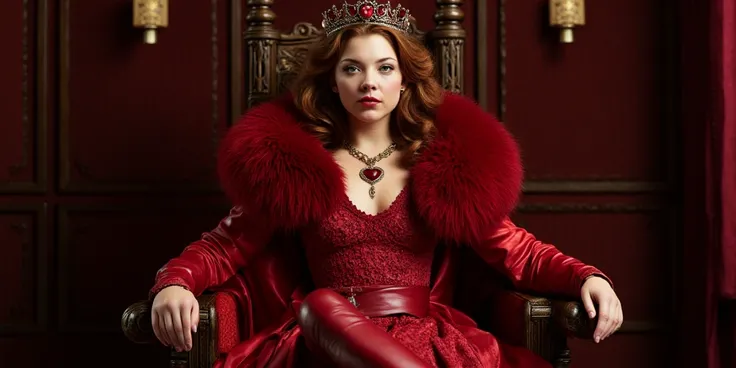 the queen of hearts, sitting on her throne, wearing a red fur-trimmed cloak, knee high red leather boots, legs crossed, beautiful flowing red hair, ruby red lips, crown with heart-shaped rubies, necklace with a large heart-shaped ruby pendant.  photorealis...