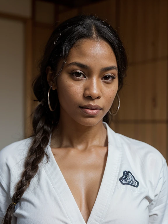 African black woman, very dark ebony skin, icy gaze, dreadlocks, Fitness musclular body, white judo suit, tatami, dojo, close-up portrait, from face 