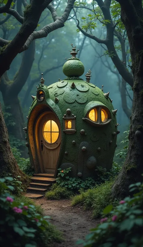 Cute flobblecranium tiny home in a dark forest ,super detailed,black background