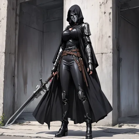  Masterpiece,  Top Quality,  Hi-Res,  1girl , Alone、 Black leather clothing 、Big Breasts、  black robe  、black hood 。Iron Mask on Face , iron gauntlet on the arm 、  long pants、Iron Boots、Assassin&#39;s Outfit、 full body、bibl3