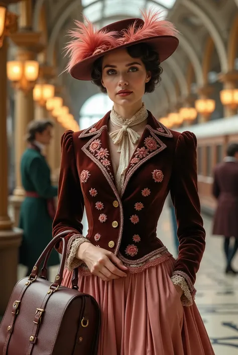 A very beautiful European woman from the early 20th century, dressed in a finely tailored mahogany brown velvet jacket, its structured shoulders and cinched waist enhanced by delicate dusty rose embroidery in floral motifs. The jacket is paired with a full...