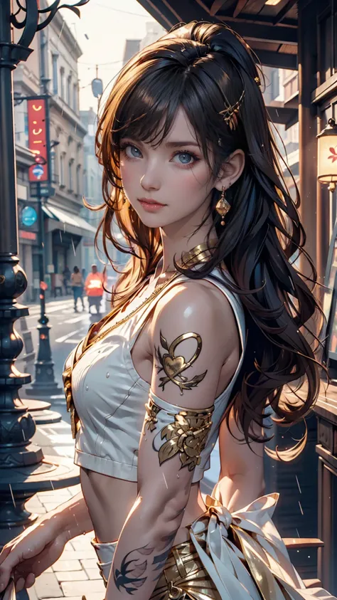  in the rain、 Gold Tattoos for Girls with Gold Earrings, in the style of vray tracing,  then Martin , Famous, Poured,  close, Dark white and gold,  speed painting,  Masterpiece,  top quality,