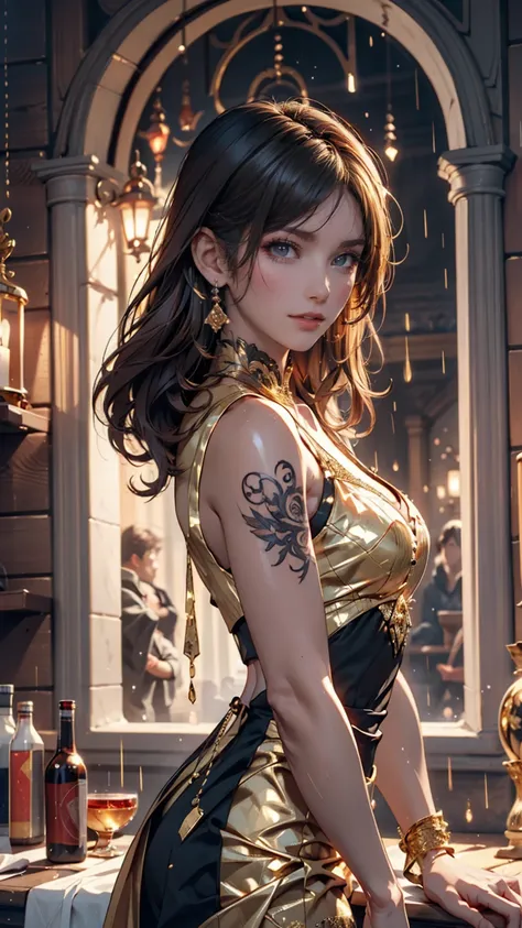  in the rain、 Gold Tattoos for Girls with Gold Earrings, in the style of vray tracing,  then Martin , Famous, Poured,  close, Dark white and gold,  speed painting,  Masterpiece,  top quality,