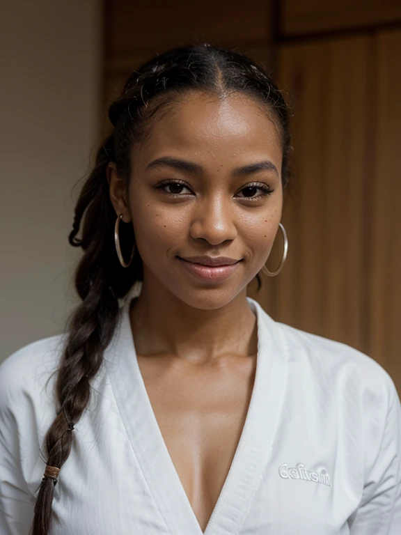 African black woman, very dark ebony skin, smile, dreadlocks chignon, Fitness musclular body, white judo suit, tatami, dojo, close-up portrait, from face, Without earring