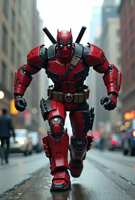 Deadpool fusion optimus prime,running , Street background , realistic image ,HD quality