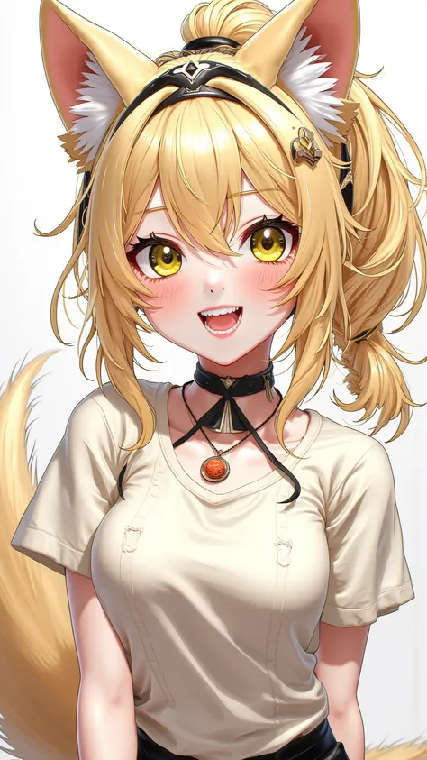  A vivid color illustration ， with a striking black outline ， shows a young lady 。 her light golden ponytail hair combed The double bun ， wearing a cat ear headdress 。 piece highlighted her vibrant yellow expressive eyes ， with a smile and sharp white teet...