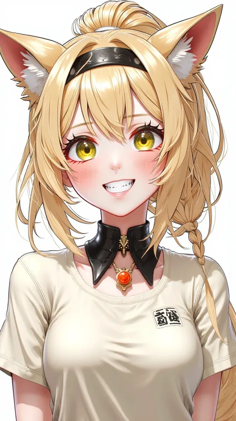  A vivid color illustration ， with a striking black outline ， shows a young lady 。 her light golden ponytail hair combed The double bun ， wearing a cat ear headdress 。 piece highlighted her vibrant yellow expressive eyes ， with a smile and sharp white teet...