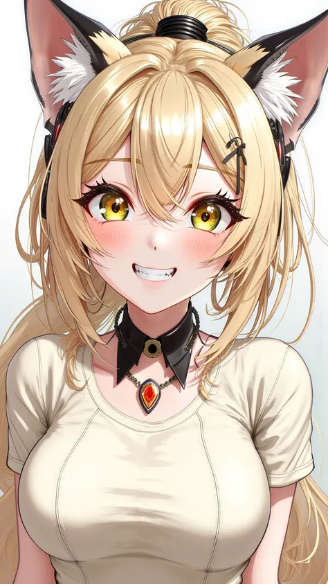  A vivid color illustration ， with a striking black outline ， shows a young lady 。 her light golden ponytail hair combed The double bun ， wearing a cat ear headdress 。 piece highlighted her vibrant yellow expressive eyes ， with a smile and sharp white teet...