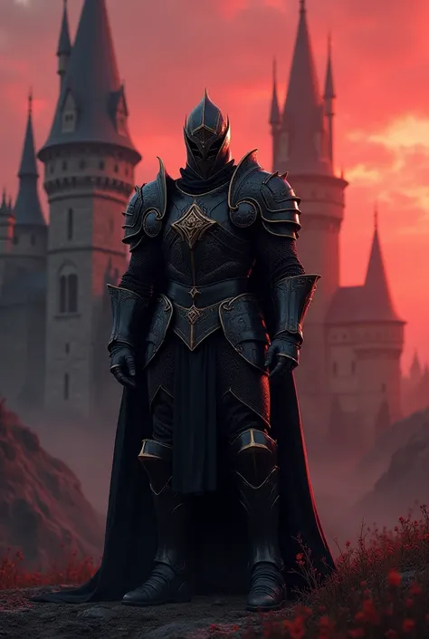  Gothic Knight,  against the backdrop of a gloomy castle  , reddish sunset  