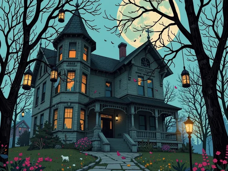 Haunted Mansion, fog, Dilapidated Western-style building,  suspicious shadows ,  Flickering Lanterns ,  Curtains Swaying in the Wind, Old furniture, Glowing Windows ,  Houses Floating in the Dark , Uneasy atmosphere