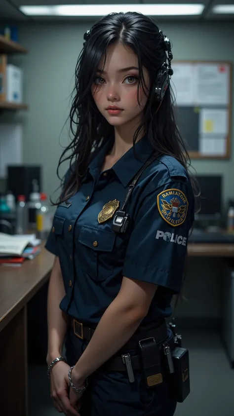  on police station desk ， A fit and beautiful woman's work， with wet black long hair ， wears a dark blue uniform shirt with a badge ，Tactical pants ， radio headphones and handcuffs ， delicate face and light brown eyes 。