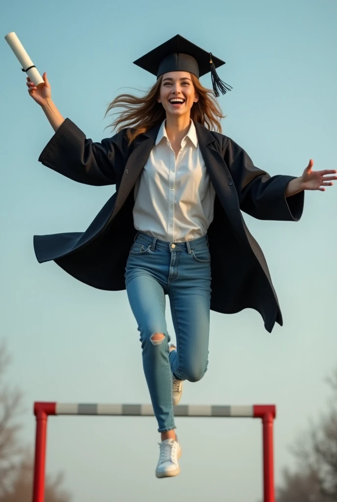 Ultra realistic stock picture of a young graduating college girl happy in graduation coat and hat over her shirt and jean who also has a roll of the degree certificate in her hand. She does an action of jumping over a hurdle, side view (the hurdle is not s...