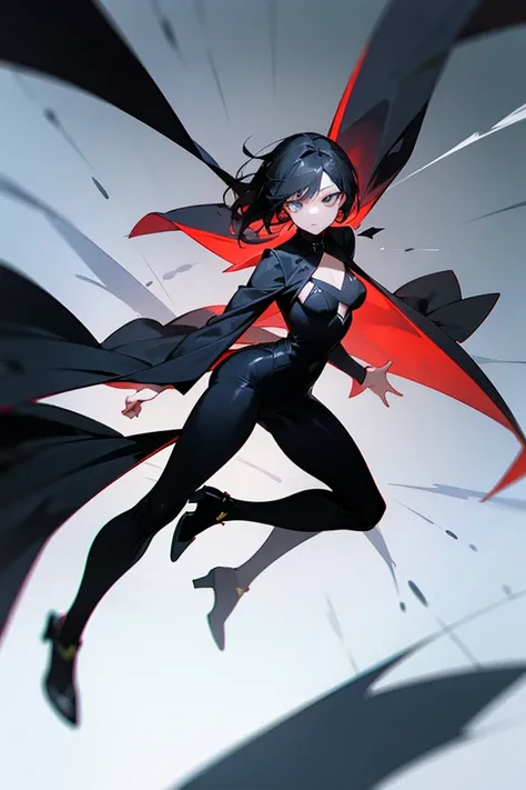  black suit ,  black hair,  woman,  full body, eye,  dynamic pose , Expressionless, clerical 