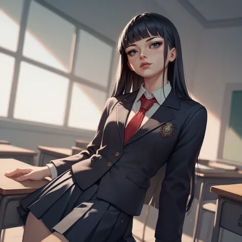  Masterpiece,  Top Quality, High resolution 1girl , Alone, kwkm , black eyes,   black hair,  long hair, blunt bangs, Himecut,    ,school uniform, red necktie, black jacket, black skirt, pleated skirt,