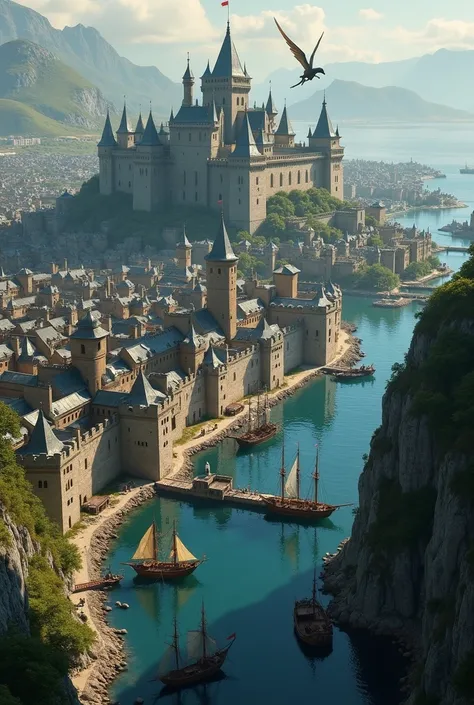 A very big medieval city,  surrounded by ramparts,   at the seaside with ships moored at the port.
The city is very vast
The houses are made of stone, with slate roofs.
A wyvern flying in the sky 