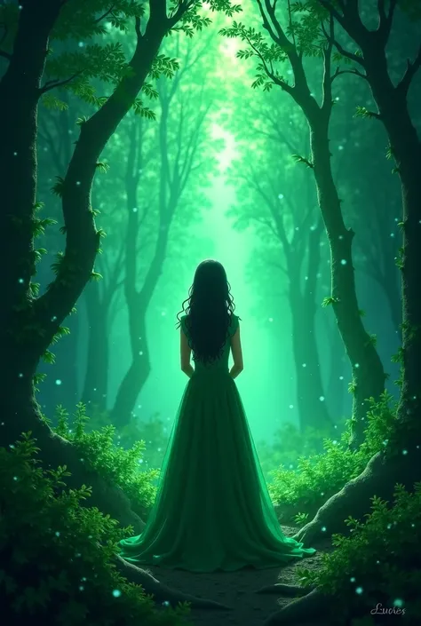 Generate a book cover  and entitle it “Every Heartbeats of emerald” A fantasy novel, that there is a forest that is rich in emerald gems twinkling, and there is a lone fantasy girl standing