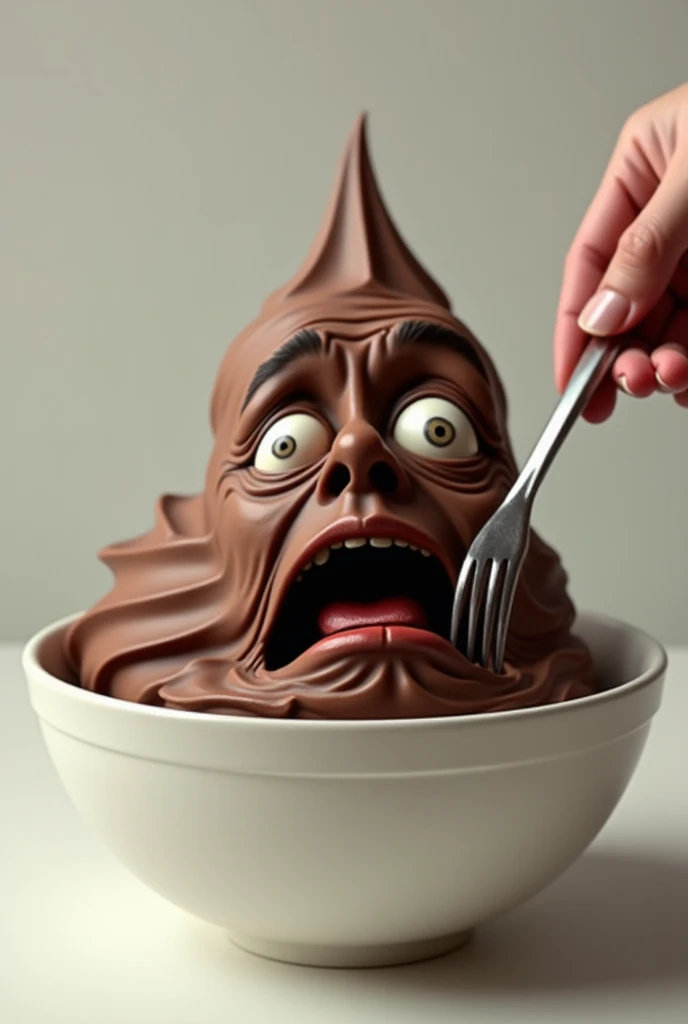 A chocolate Ice cream bowl with a realistic human face. They are frightened.There is a person holding a fork about to eat them