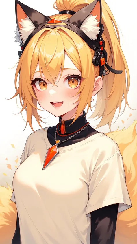  A vivid color illustration ， with a striking black outline ， shows a young lady 。 her light golden ponytail hair combed The double bun ， wearing a cat ear headdress 。 piece highlighted her vibrant yellow expressive eyes ， with a smile and sharp white teet...