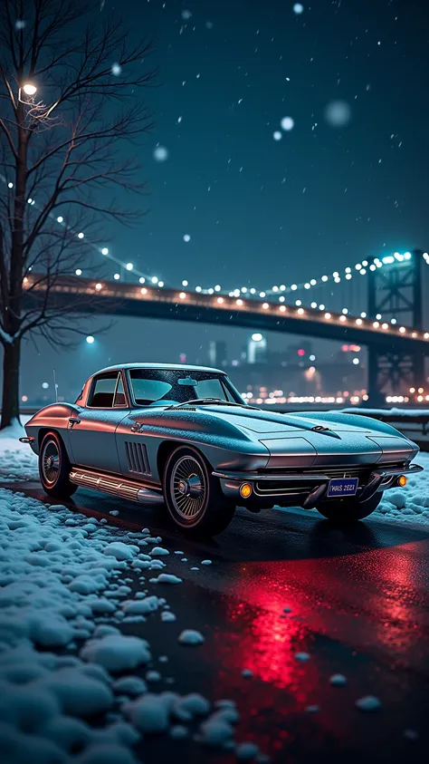 a {white|negro|red|blue|rosa) :: The car is parked next to the road. :: A magical snowy night on the banks of the Hudson River in New York, where winter snow is gently falling. :: 1963 Chevrolet Corvette C2  :: The car has a glossy silver finish that catch...