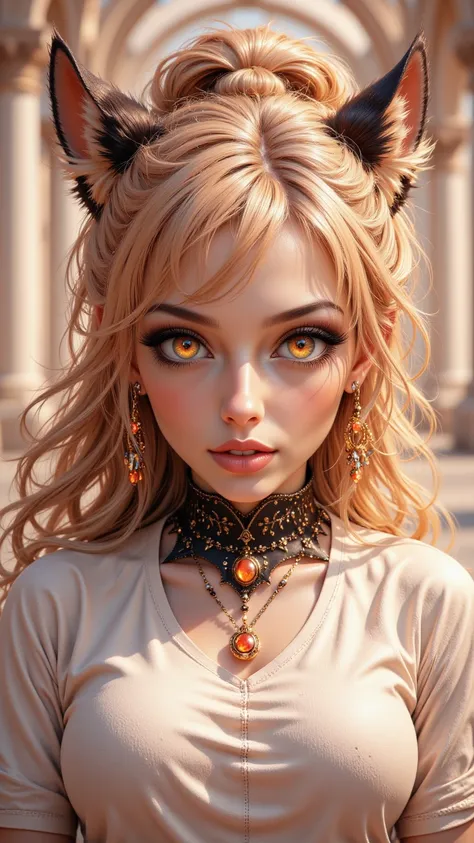  A vivid color illustration ， with a striking black outline ， shows a young lady 。 her light golden ponytail hair combed The double bun ， wearing a cat ear headdress 。 piece highlighted her vibrant yellow expressive eyes ， with a smile and sharp white teet...