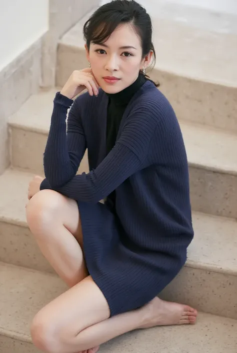    high image quality,  Masterpiece,  accurate,   解剖学的に accurate,    one girl ,  alone, Japanese Wife、40 years old、 The hairstyle is random 、  navy blue knit dress  、   Black High Neck Inner  ,   barefoot、 beautiful feet、 she's sitting on the stairs  , clo...