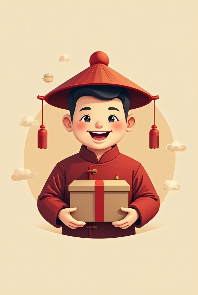 Conceptual Example
Character: A smiling Chinese merchant wearing a traditional hat and holding a package box.
For logo so minimal
Text: Reza Baba (using Montserrat Bold font in red).

Composition: Character on the left and text on the right.