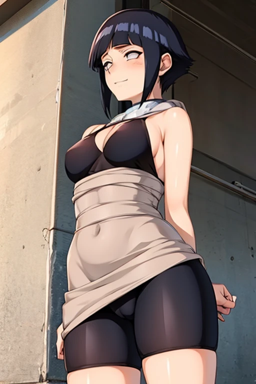 1 , Hinata Hyuga, standing, to go back,  medium ass,  tight short shorts ,  view from bottom to top,  perfect curves,  black bra ,  thick legs, sweaty skin,  view from bottom to top, Hinata looking at the spectator,  red cheeks,  Mischievous Smile Dress 