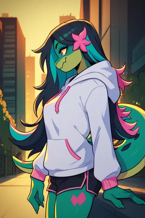 1girl, solo, green skin, adult female, salamander, not human, anthro, straight black hair, teal highlights, sexy, black hair, long hair, straight hair, punky street wear, posing, teal markings, Outdoors, city at night, white hoodie, pink trim, bright gold ...