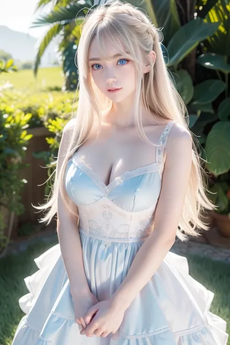  focus on face , Crazy for love,   , Frilled Summer Dress,  Scandinavian blonde super beautiful girl,  cleavage , Standing,  arms behind head ,   目の間のbangs、Super long straight platinum blonde hair、 low contrast ,  top quality,  ultra high resolution,  real...