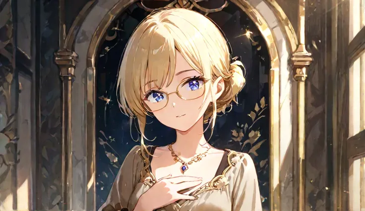 Best quality, masterpiece, A stunning anime-style female character with blonde hair tied in an elegant bun, wearing thin gold-rimmed glasses. She has captivating blue eyes and a confident, slightly teasing expression. Dressed in a sophisticated, form-fitti...