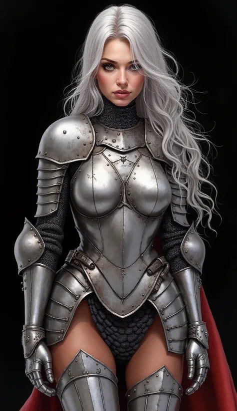 best quality, 4k, watercolor drawing, masterpiece, (detailed hands), knight girl, long silver hair, plate mail, scale mail, splint mail, plate high heel boots, huge breasts, perfect face, beautiful face, fantasy, ((full body)), angry face, (((black backgro...