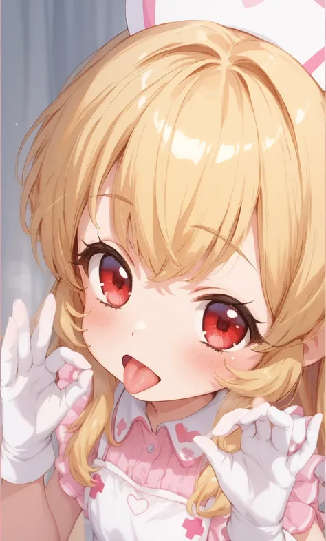 Masterpiece, super masterpiece, ultimate masterpiece, handjob gesture, girl, blonde, red eyes, Ichigo Hoshimiya, nurse, gloves, from the chest up, handjob gesture close-up, handjob gesture special,Mouse OPEN, , loli , aged down ,  , petite , cute  , ,fella...