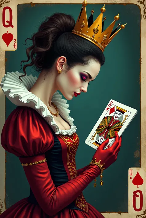 Create an art piece where it is basically about the queen and the Joker. In this art piece they should be a POV from the left shoulder of the queen where you can see her hair and the shoulder when she’s looking down on a card on the card is the Joker
