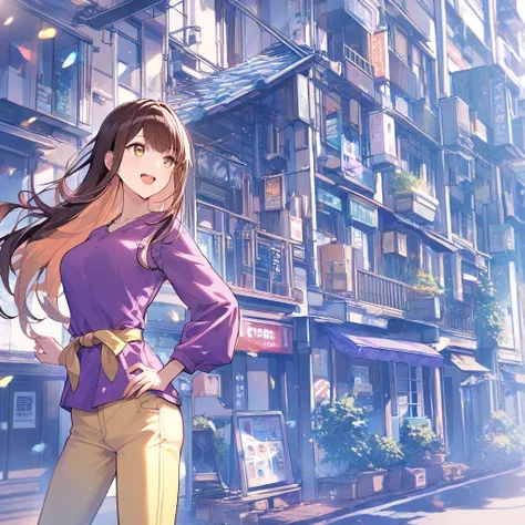 masterpiece, best quality, 1girl, long hair, hand on hip, smile open mouth, yellow pants, purple shirt, street