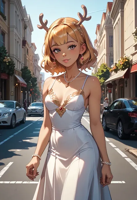 Noelle Deltarune, Golden hair, antlers, young, slim, elegant, beautiful, giggling, perfect, on the street, sexy casual skirt, sexy casual dress, looking at you, holding your hands.
