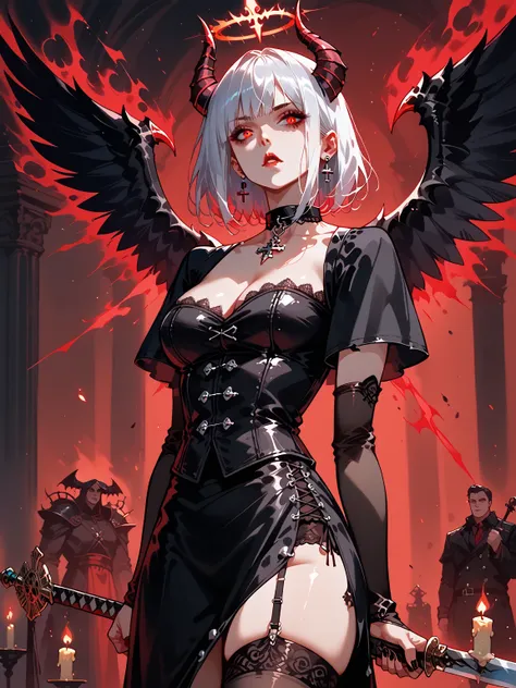 A dark fantasy character stands in a dimly lit, ominous setting, surrounded by flickering red candles. The character has short, white hair and striking red eyes, exuding an aura of power and menace. Two sharp, glowing red horns protrude from their head, ad...