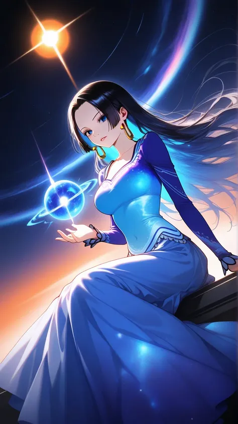 1girl, Boa hancock, touhou,
A beautiful anime-style girl with long, flowing black & blue hair and vibrant blue eyes. she is wearing normal full loose fitting sky blue dress with lots of star fryl, sitting gracefully on a floating cosmic sphere of liquid en...