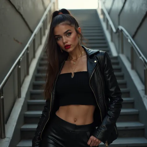 Mix between Selena Gomez and Jenna Ortega, masterpiece, ultra-realistic 8K. Éliana Morel, avec ses cheveux bruns attachés en une queue de cheval basse, incarne une allure sexy et badass sur un escalier métallique moderne. Quelques mèches encadrent son visa...