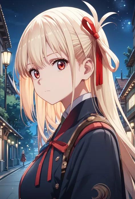 chisato nishikigi, long hair, bangs, blonde hair, red eyes, hair ribbon, half-updo, large breast, looking viewer, night, outdoor, (masterpiece, best quality, high resolution, ultra-detailed:1.3), perfect fingers, detailed background, anime