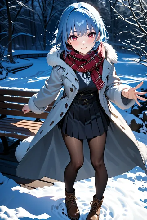 1 girl, masterpiece,  high resolution, accurate,  high detail,  top quality, Anatomically correct, detailed hand, detailed fingers, 
, break, 
"A modest high school girl with short blue hair and gentle red eyes stands in a snow-covered park during daytime,...