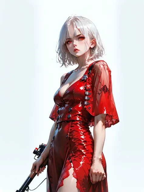 Smooth Quality -
A full body anime style illustration of a woman with short, white hair and sharp red eyes.  She has a serious, slightly cold expression.  She is wearing futuristic black and red armor with sharp, angular details and glowing red accents.  A...