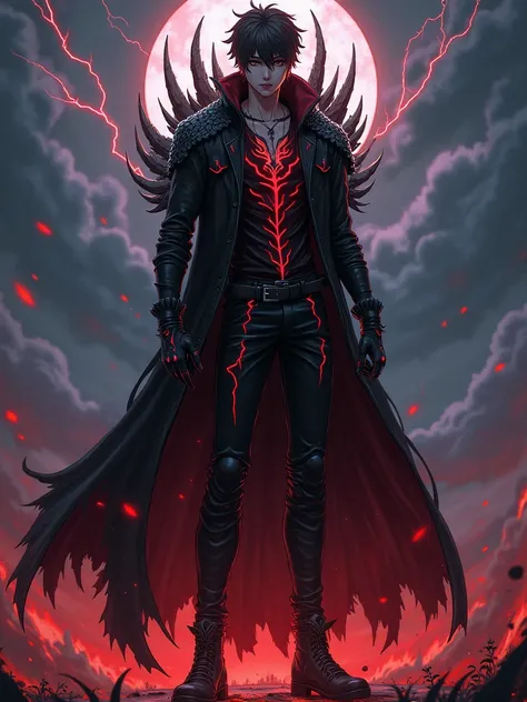 Gothic-style anime handsome guy，A sky full of lightning，Handsome and strong， Black Chitin Carapace， red glowing blood vessel lines， upper body close-up，There is a flame under your feet，Thorns grow on the ground， stands on the streets of the end，Behind him ...