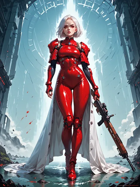 Smooth Quality -
A full body anime style illustration of a woman with short, white hair and sharp red eyes.  She has a serious, slightly cold expression.  She is wearing futuristic black and red armor with sharp, angular details and glowing red accents.  A...