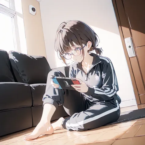 masterpiece, (low brightness), ( high saturation,  high contrast:1.3),  1 girl, dark brown hair, short hair, low and short twintails, medium height,(busty:0.8),break (black tracksuit:1.2), (black half pants:1.2), in my room, cozy living room, hardwood floo...