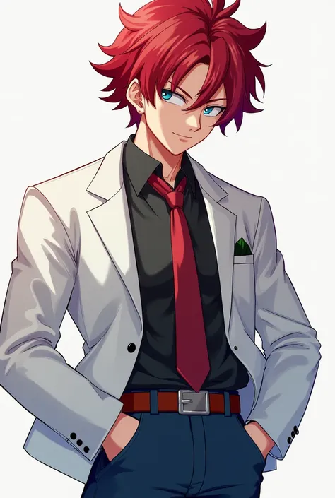 Goku with white jacket and black shirt and red tie and jeans and red hair and blue eyes 