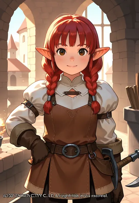 cute girl, solo, 1girl, dwarf, fantasy, blacksmith, in a medeival city, red hair, braids, thick